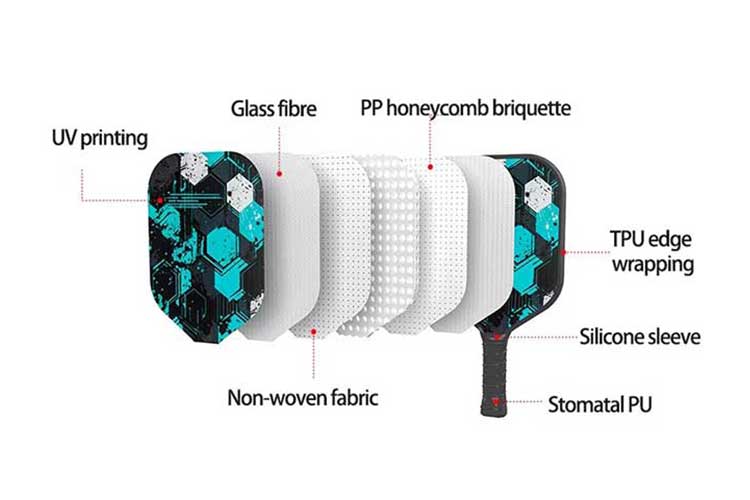 structure of custom logo pickleball paddle with fiberglass face and Polypropylene Honeycomb Core